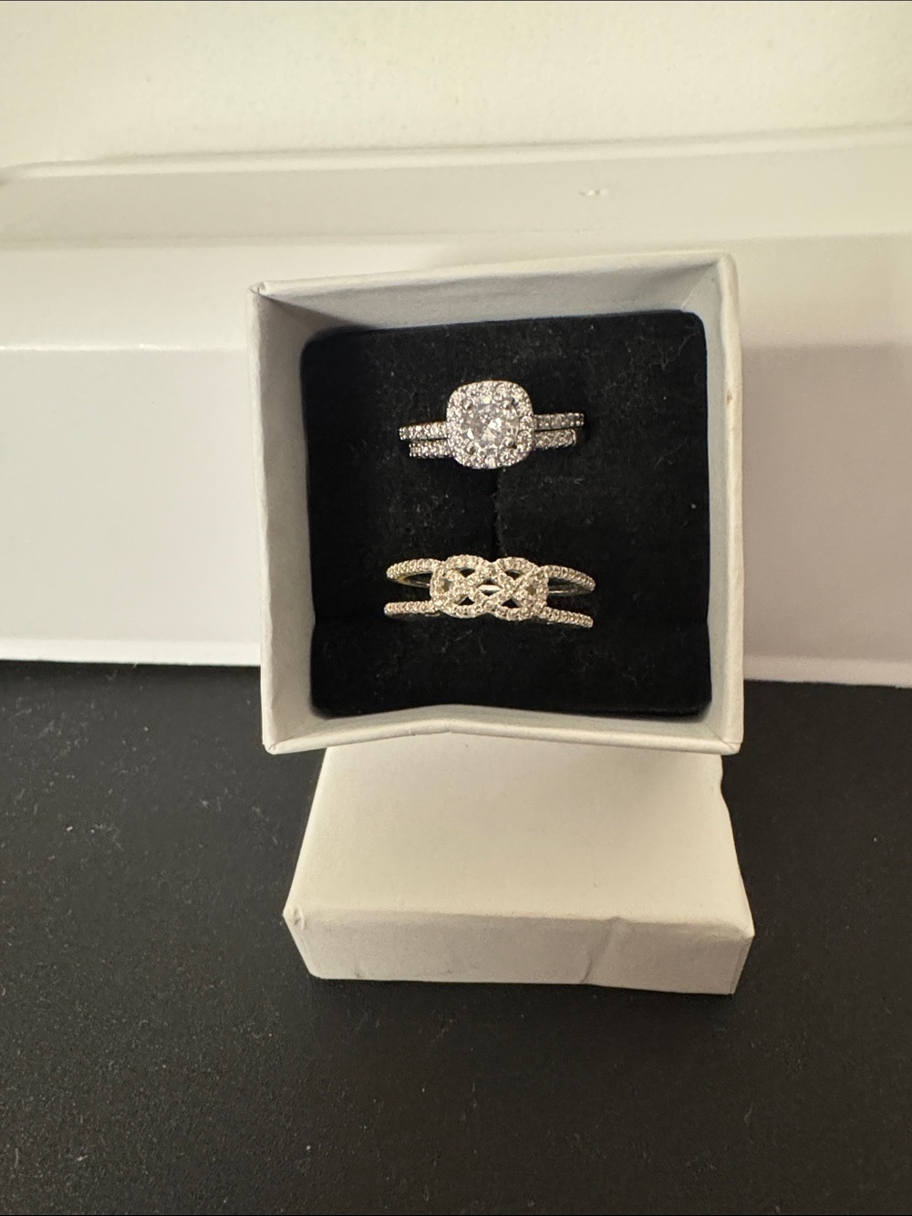 Silver Crystal Halo Engagement and Knot Stackable Ring Set